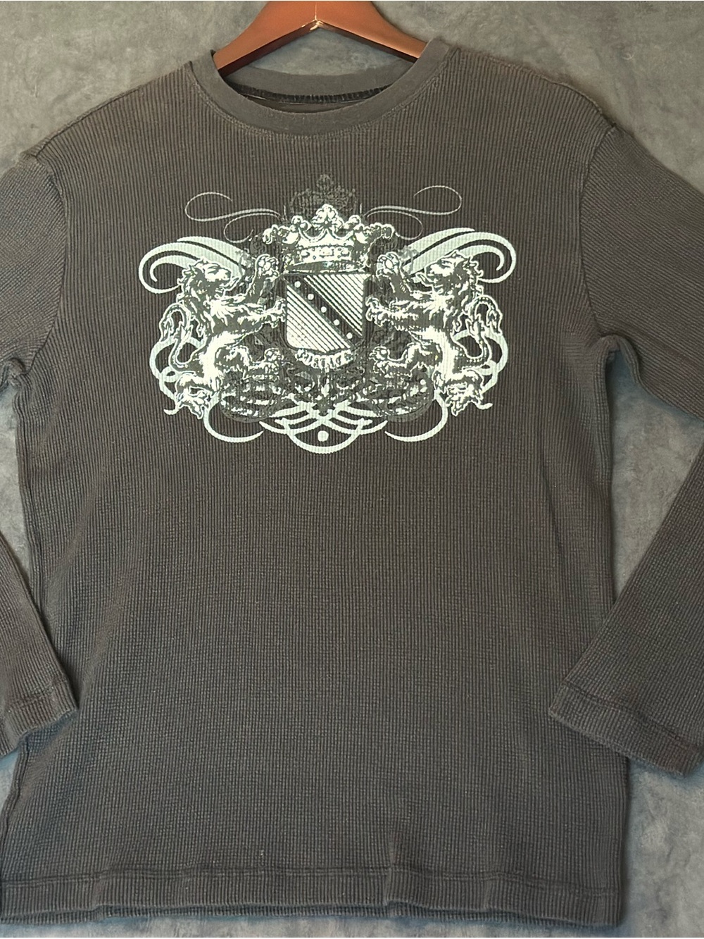 Men's Long Sleeve Waffle Knit Thermal Shirt with Crest Graphic - Black